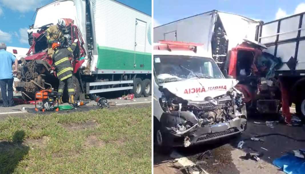 Engavetamento entre ambulância, carretas e caminhão causa morte e interdita rodovia em Mogi Guaçu