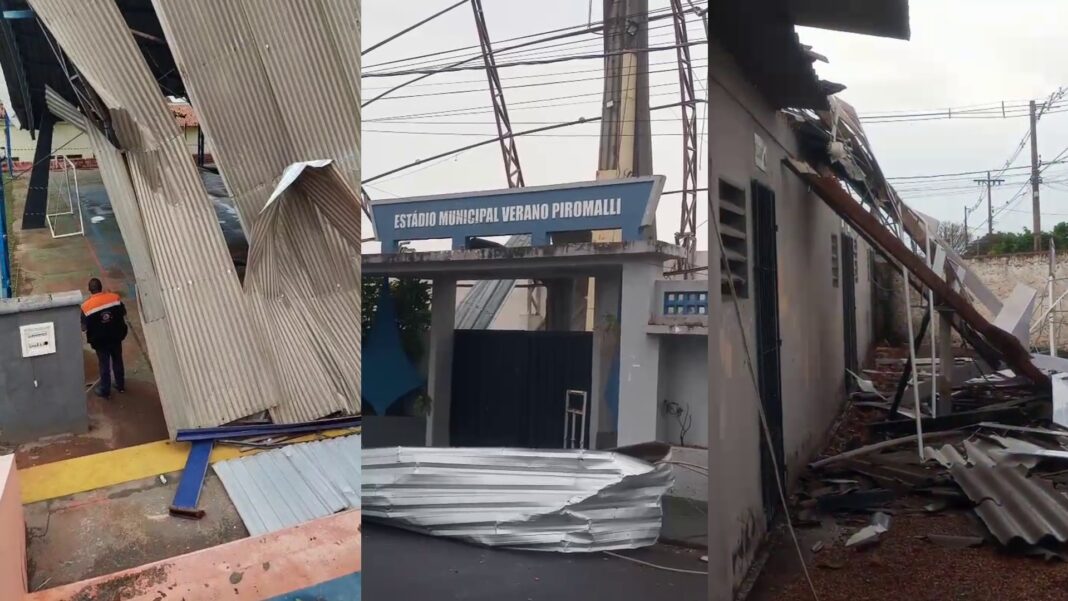 Vídeo mostra temporal que derrubou cobertura de estádio e danificou escolas em Promissão