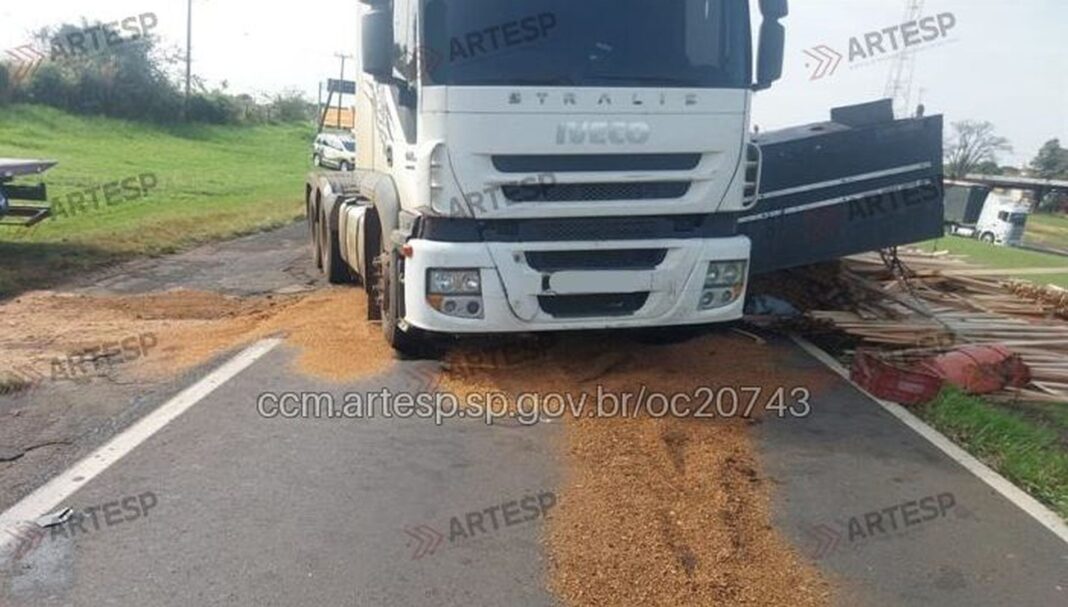 Carreta com madeira tomba e bloqueia tráfego na Raposo Tavares entre Assis e Paraguaçu Paulista
