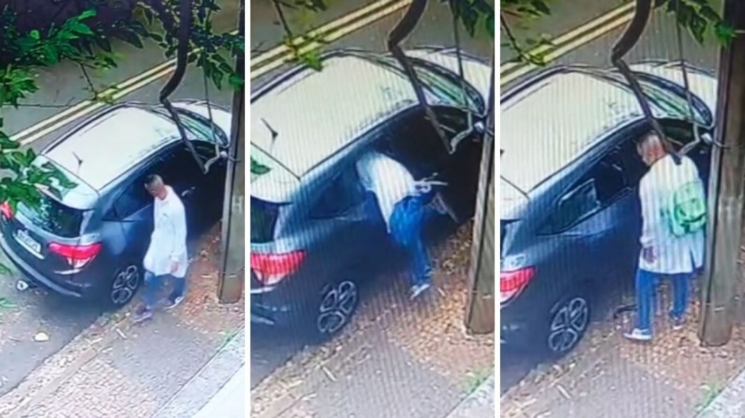 Disfarçado com jaleco, criminoso quebra vidro e furta objetos de carro em plena luz do dia; VÍDEO