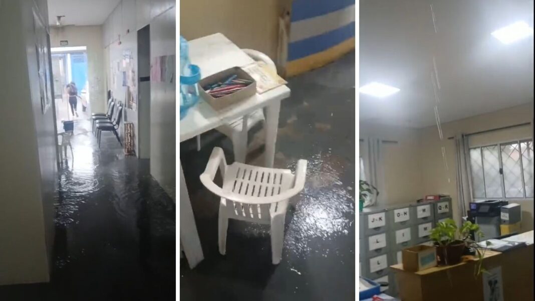 Forte chuva inunda centro de assistência social e causa goteiras em escolas e ônibus na região