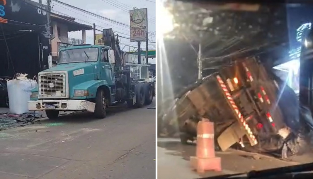 Caminhão com ‘big bags’ de recicláveis tomba após carga deslizar em avenida de Santa Bárbara