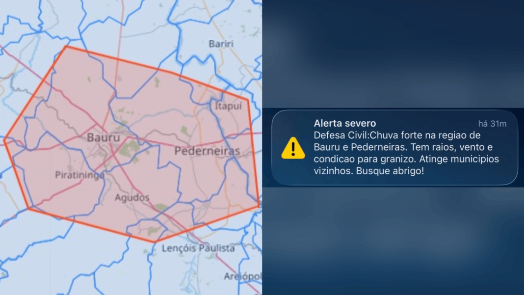 Defesa Civil emite alerta de emergência para chuva forte e granizo na região de Bauru e Pederneiras