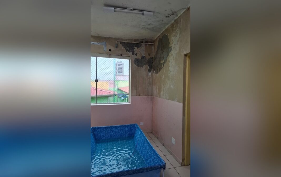 Vídeo mostra uso de piscina de plástico sob pontos de goteira e vazamentos em escola no interior de SP: ‘é um descaso enorme’, diz mãe