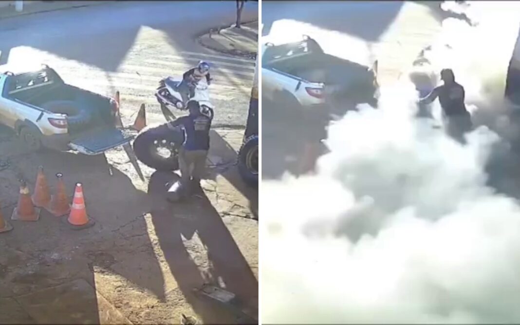 Pneu explode e assusta funcionários de borracharia em Morro Agudo, SP